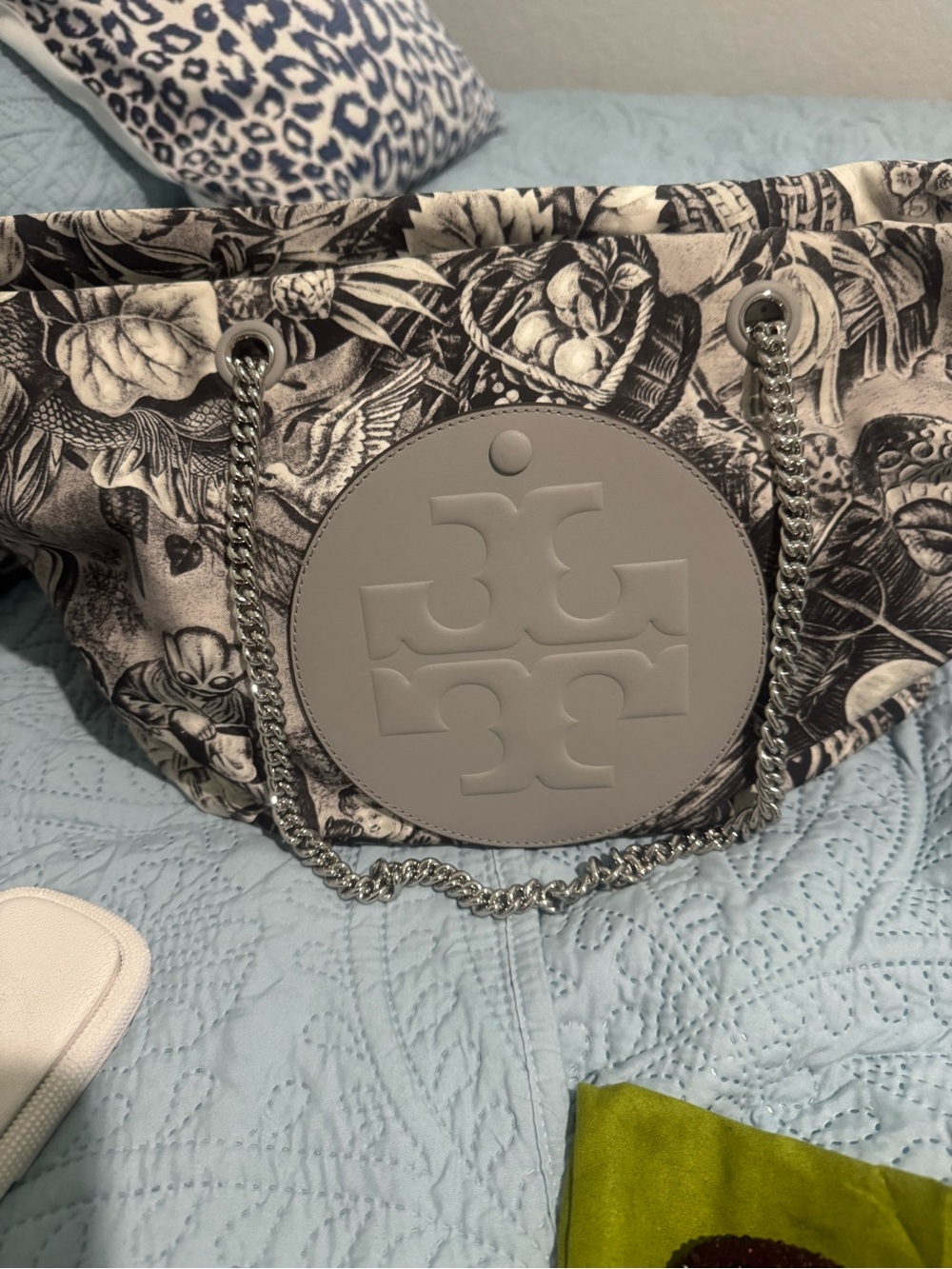 Tory Burch Black and Gray Floral Canvas Chain-Handle Tote